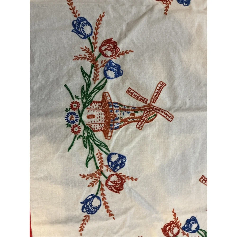 VTG White Linen Table Topper Hand Embroidered Tulips Windmills 32x33